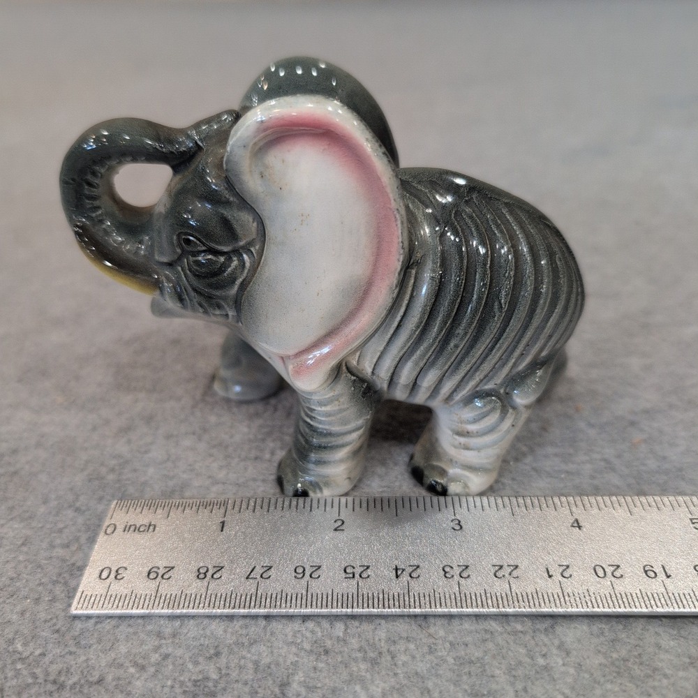 Vintage Hand Painted Japan Ceramic Elephant Figurine Grey Pink Glossy Glaze - Picture 2 of 4